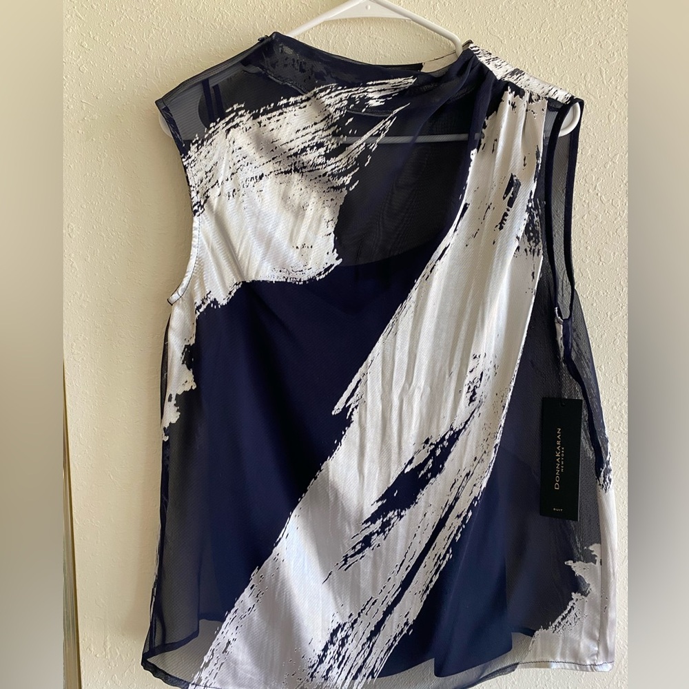 NWT Donna Karan Navy and White Sheer Sleeveless Top